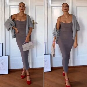 NWT Zara Tulle Draped Ruched Dress Gray Mink Color Netting Lined Fitted Bodycon